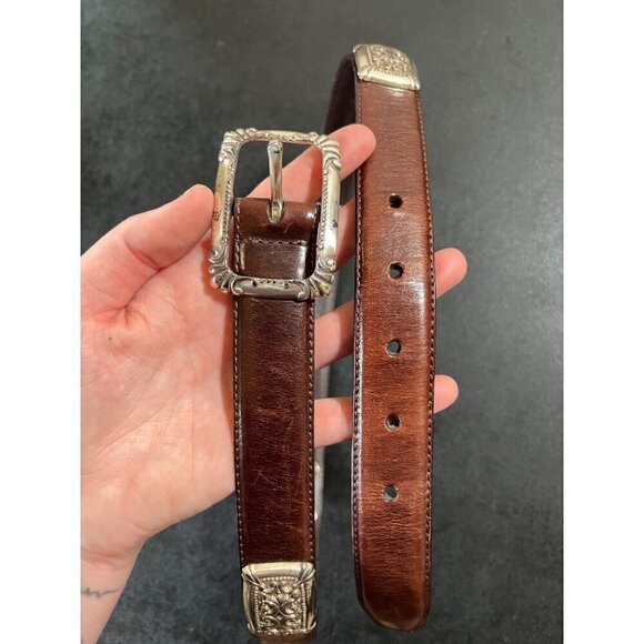 Fossil Brown Leather Belt Western Silver Tone Buckle & Conchos Womens Medium - Picture 3 of 7